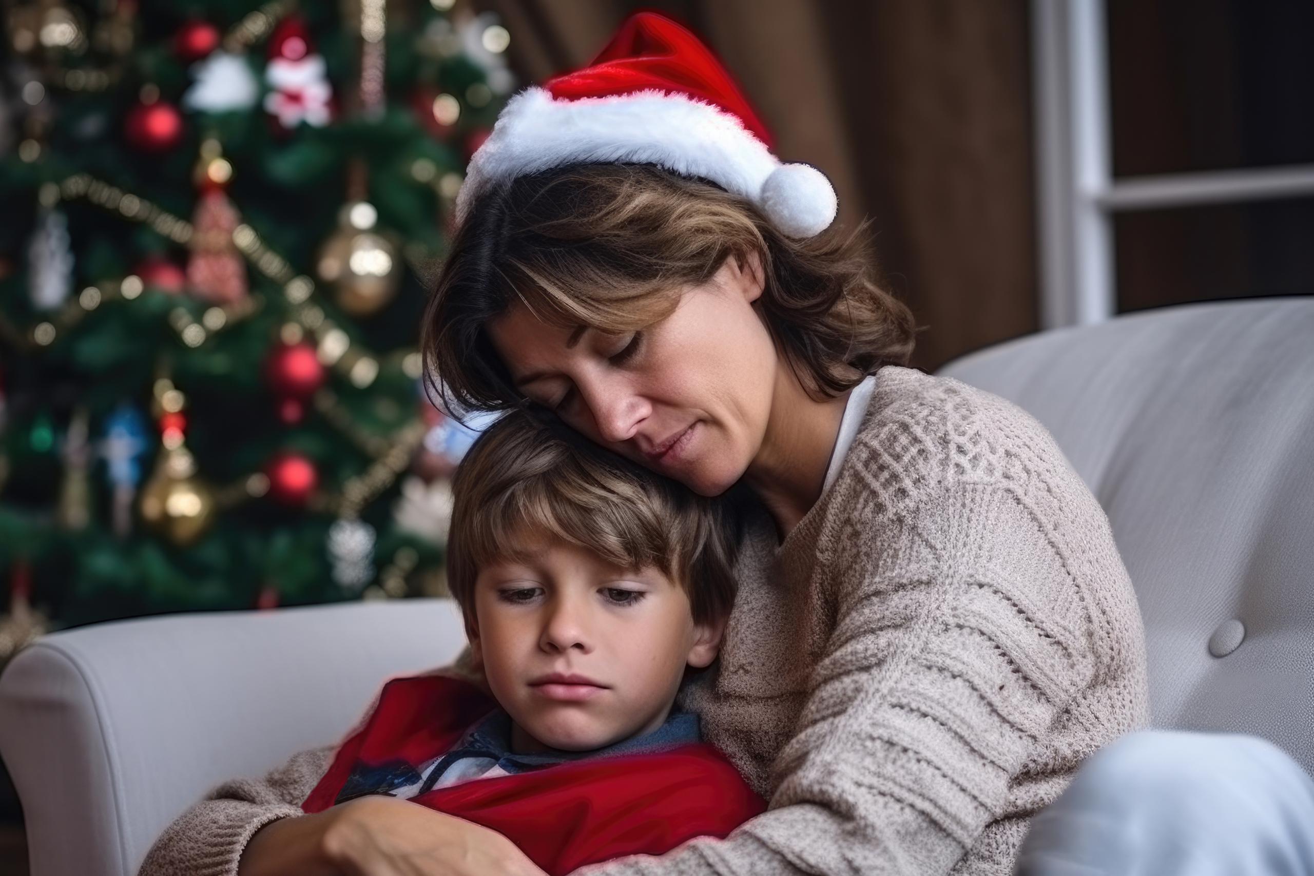 Sad Christmas. Mother hugs her son and wants to comfort him and cheer him up because of the sad Christmas holidays. Solitude, loneliness, sorrow, loss, grief, divorce, family problems Advice on how to cope at Christmas for divorced parents
